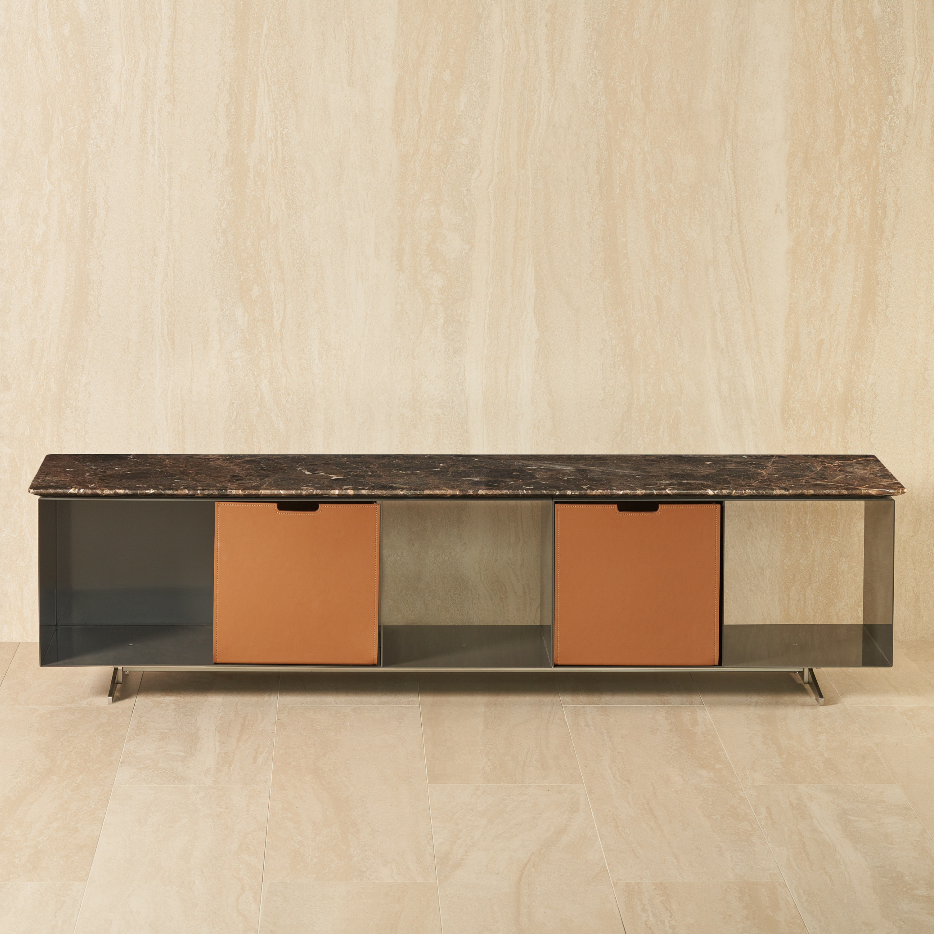 FLY CM.205X51 CABINET WITH 2 LEATHER BOX , IN EMPERADOR GLOSSY MARBLE TOP